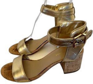 Saks Fifth Avenue Gold Leather Cork Block Heel Sandals Size 8M Glam Party